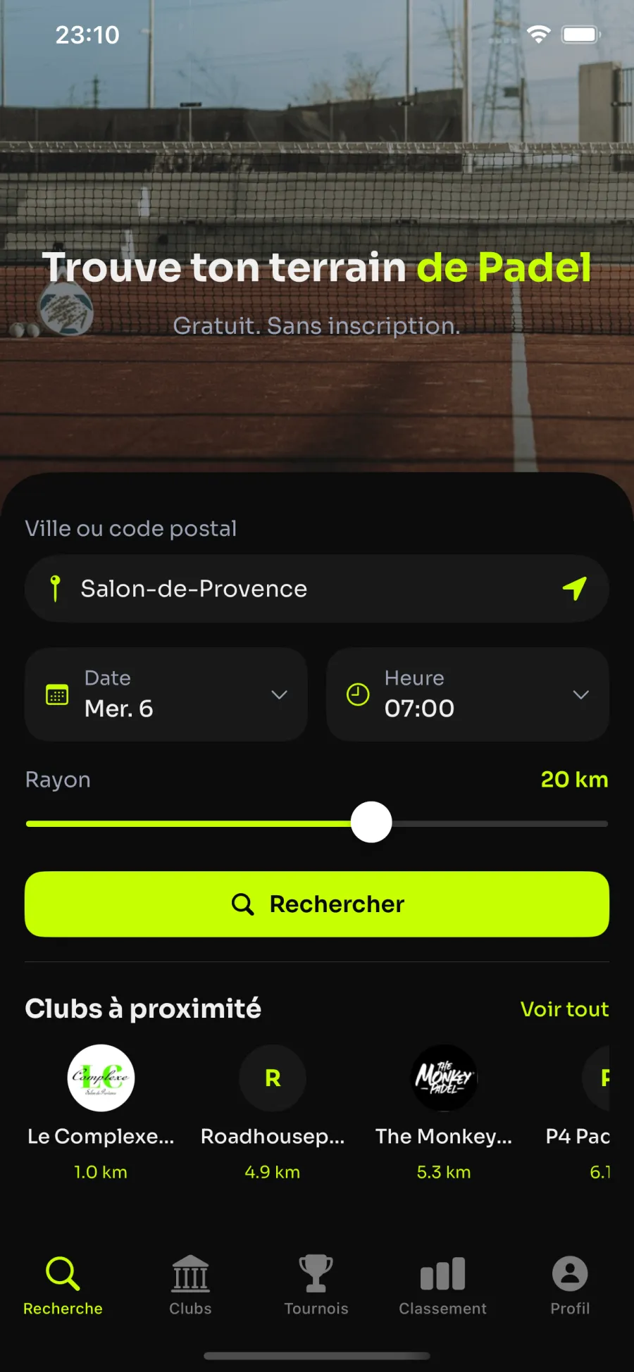 Écran de recherche de créneaux