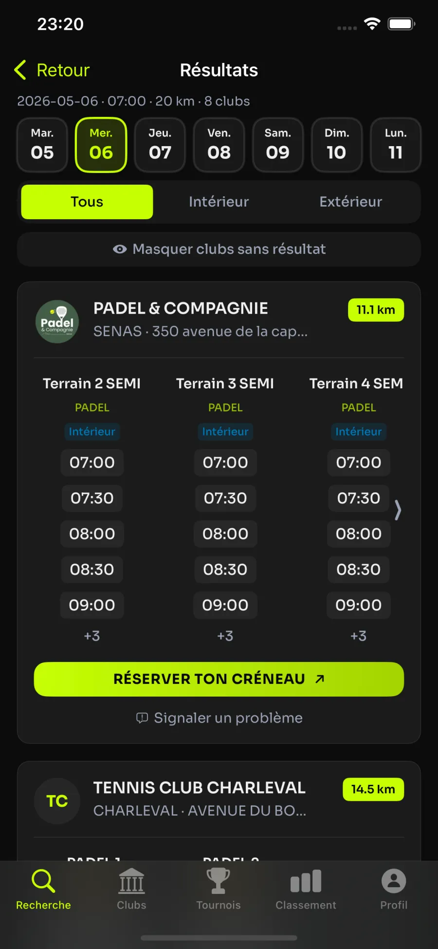 Écran de résultats